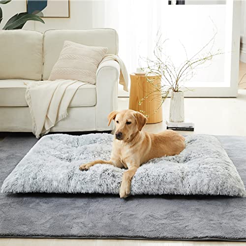 BFPETHOME grey plush dog crate bed for large dogs, fluffy cozy kennel pad with anti-slip bottom, washable pet mat