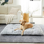 BFPETHOME grey plush dog crate bed for large dogs, fluffy cozy kennel pad with anti-slip bottom, washable pet mat