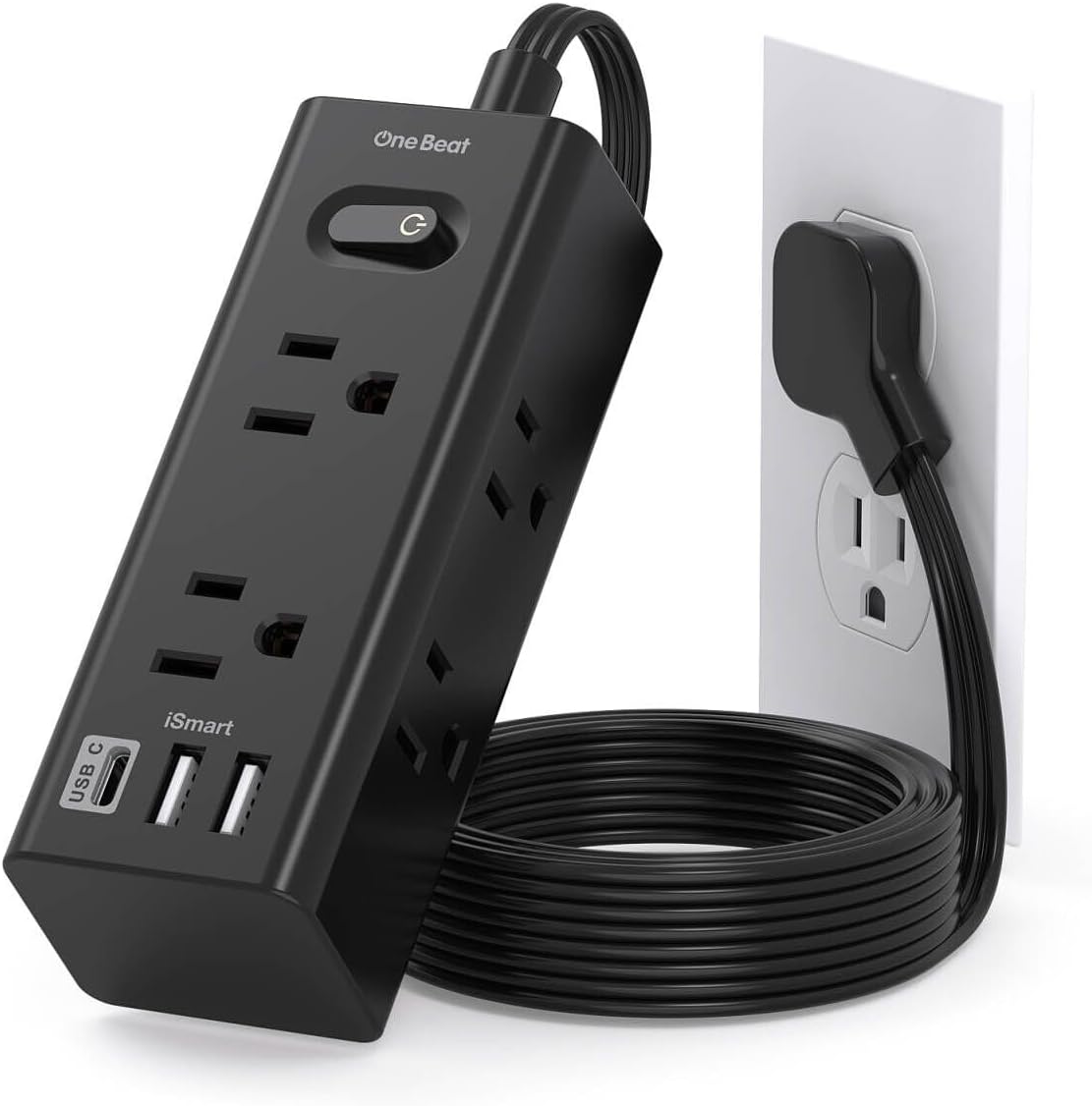 One Beat 10Ft Extension Cord Power Strip – 6 Outlets & 4 USB Ports (2 USB-C), Flat Plug Surge Protector for Home