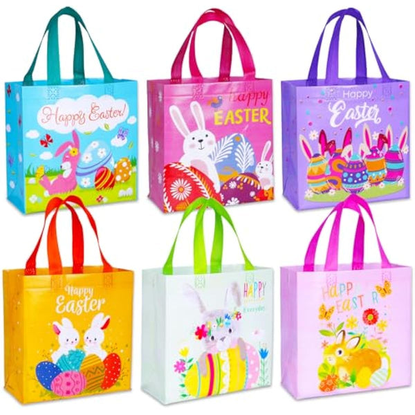 Exun happy easter gift bags with handles, 6-pack, bunny carrot chick designs, reusable non-woven treat bags for party favors and gift wrapping