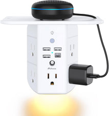 Mifaso 3-sided multi-plug power strip with shelf, night light, and surge protector, white