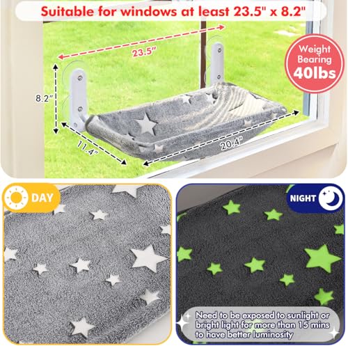 Cat Window Perch with sturdy metal frame, glowing stars pattern, and foldable design for indoor cats (Stars - M)