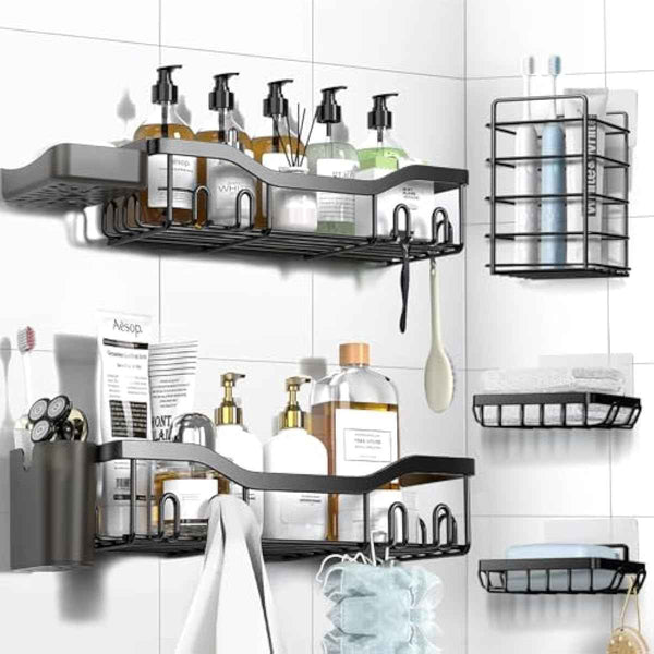Shower Caddy Adhesive Shower Organizer 7-Pack, Rustproof Stainless Steel Bathroom Shelves with Soap Dish, Toothbrush Holder, and 24 Hooks