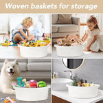 White small woven burr basket with gift bags and ribbons, 12" x 8" x 5", durable storage for gifts, baby toys, and living room essentials