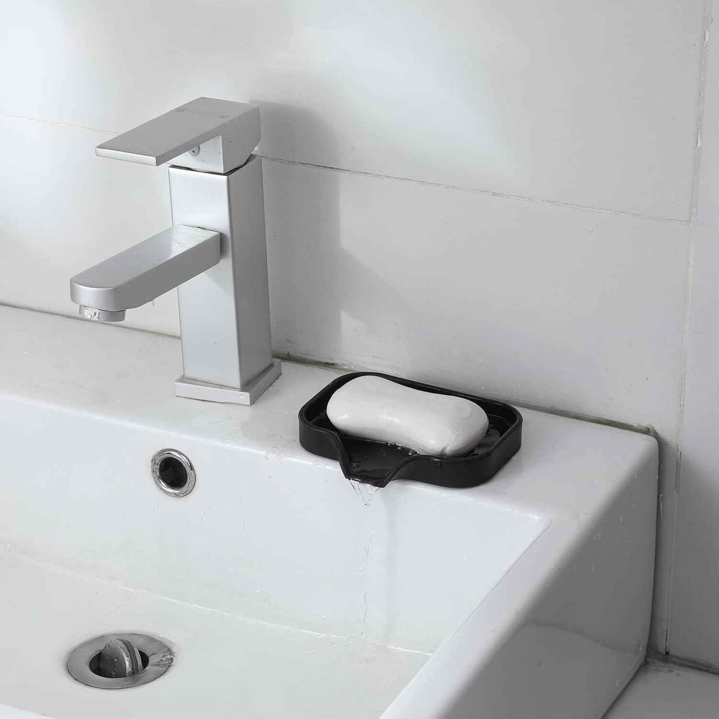 Silicone Bathroom Soap Dishes with Drain Spout-Bathroom and Kitchen Sink Organizer,Sponge Holder,Dish Soap Tray,Perfect for Dispenser,Scrubber,Bottle,Cup on Sink or Counter-Black 4.9"×3.2"