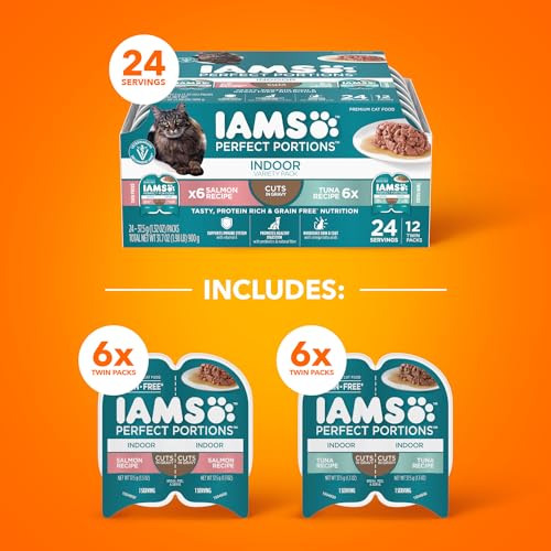 iams perfect portions indoor adult cat food cuts in gravy, 2.6 oz easy peel twin-pack trays, 12 count variety pack