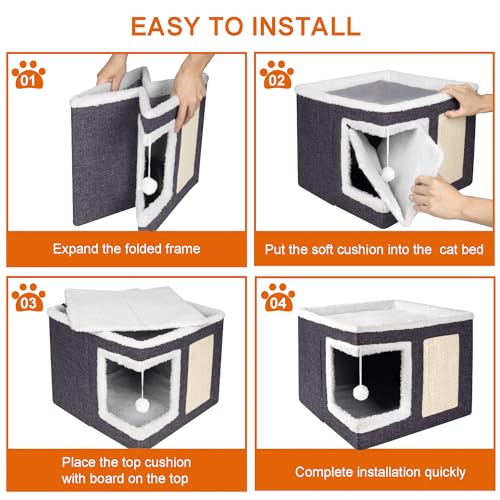 Large Dark Grey cat house with scratch pad and fluffy ball, foldable cat condo hideaway with reversible cushion for multi small pets