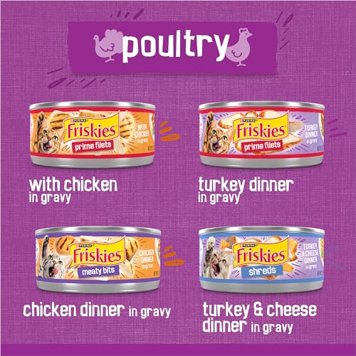 purina friskies gravy wet cat food variety pack, poultry shreds, meaty bits and filets for adult cats, 5.5 oz cans, pack of 32