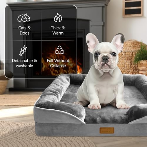 Orthopedic dog bed with sides for medium dogs, supportive foam couch bed with grey removable cover