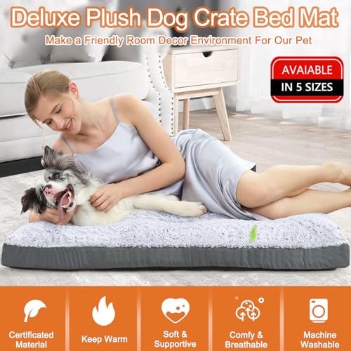 POCBLUE Deluxe Washable Dog Bed for Large Dogs, 35" x 23", Grey, Comfy Fluffy Kennel Pad for Dogs up to 60 lbs