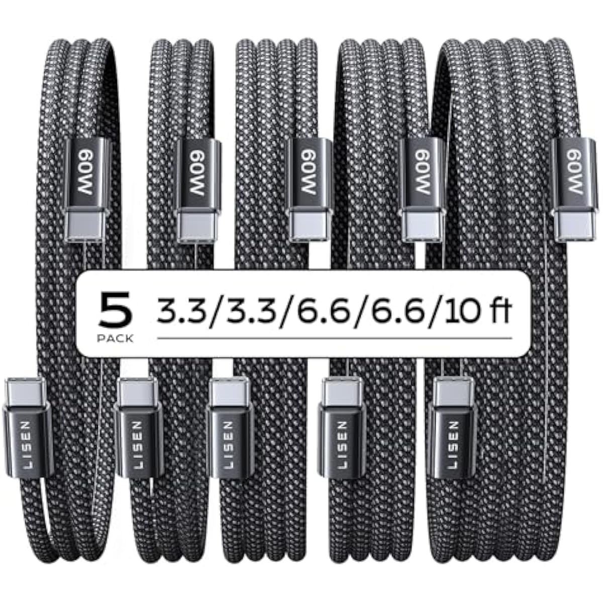 LISEN USB C to USB C Cable, 5-Pack [3.3/3.3/6.6/6.6/10FT] for iPhone 17 Charger Cord, 60W C to C Cable Fast Charging for iPad, iPhone 16 15 Pro Max, Galaxy S25/S24 USBC to USBC Cable Gifts for Men