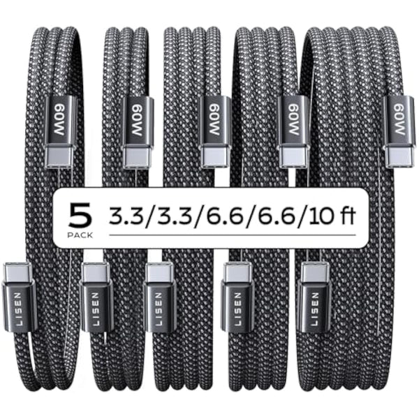 Lisen 5-pack usb c to c cable, 60w fast charging, 10ft for iphone 17, ipad, galaxy s25/s24