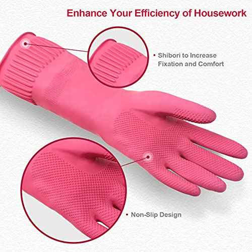 Mamison 2 Pairs Reusable Waterproof Dishwashing Gloves - Non-Slip Kitchen Cleaning Gloves (Pink, Medium)