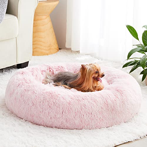 WNPETHOME faux fur self-warming donut cuddler dog bed, 20 x 20 x 8 inch, light pink