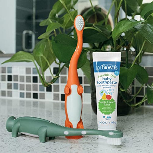 Dr Brown's Baby Toddler Toothbrush Green and Orange Dinosaur 2-Pack Ages 1-4 Years Soft Bristles Suction Cup Base
