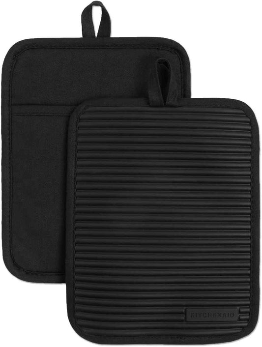 KITCHENAID Ribbed Soft Silicone Pot Holder 2-Pack Set, Matte Black, 7"x9"