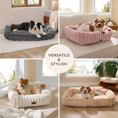 bedsure comfyfleece cute dog bed, small medium dogs, washable furry puppy bed with removable zipper cover, 25x21x7inches, cream