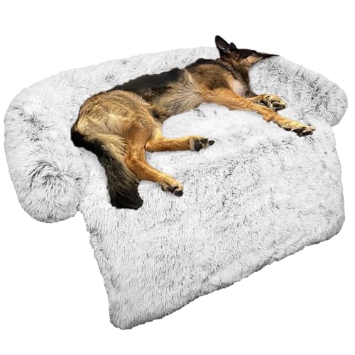 Calming Light Grey Large Dog Bed with Fluffy Plush Cover and Non-Slip Base for Large Medium Small Dogs and Cats