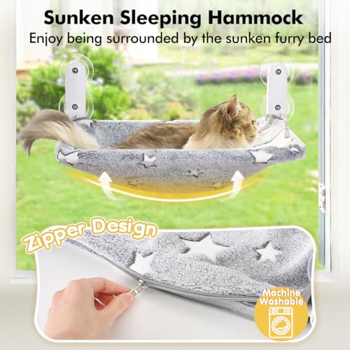 Cat Window Perch with sturdy metal frame, glowing stars pattern, and foldable design for indoor cats (Stars - M)
