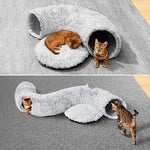 Grey cat tunnel with cat bed for indoor cats, multifunctional playground with hideplace for kittens, rabbits, ferrets