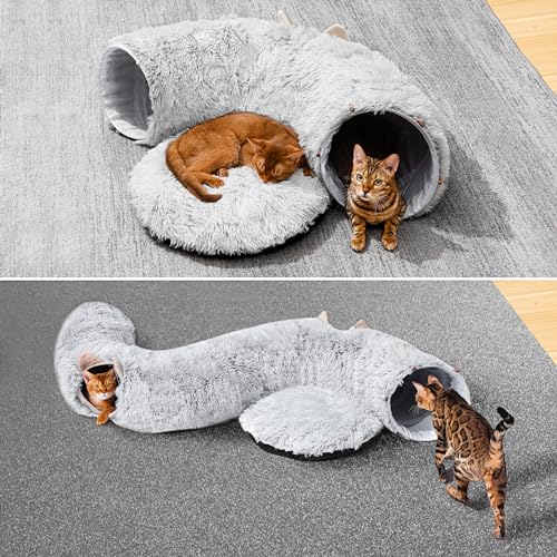 Grey cat tunnel with cat bed for indoor cats, multifunctional playground with hideplace for kittens, rabbits, ferrets