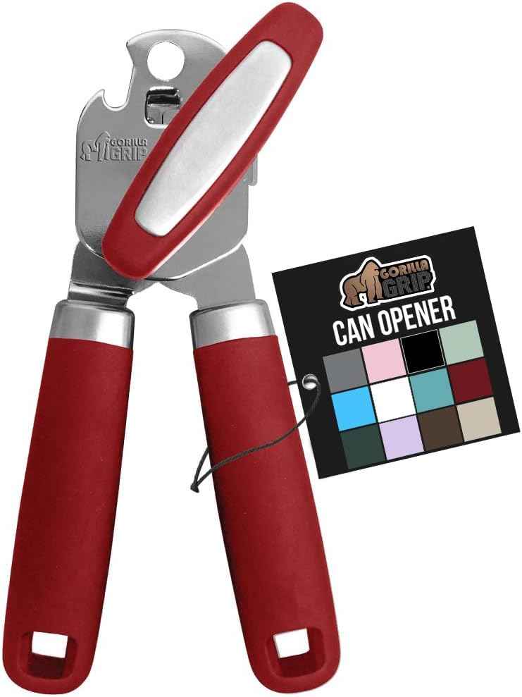 GORILLA GRIP Heavy Duty Stainless Steel Smooth Edge Manual Can Opener and Bottle Openers, Soft Comfortable Handle, Oversized Handheld Turn Knob, US Designed Multifunctional Kitchen Tool, Black