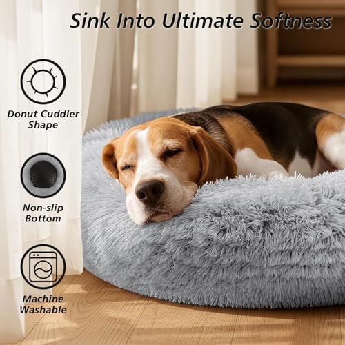Jolivogue Small Dog & Cat Donut Bed for Indoor Cats, 20 inches Smoke Grey, Washable Round Fluffy Plush Faux Fur