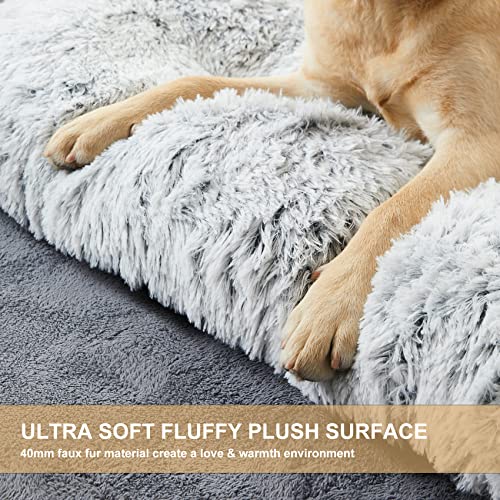 BFPETHOME grey plush dog crate bed for large dogs, fluffy cozy kennel pad with anti-slip bottom, washable pet mat