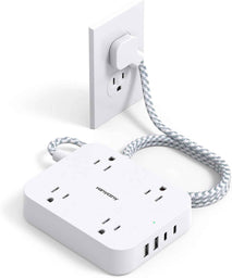 Flat Plug Extension Cord, HANYCONY 5ft Power Strip with 4 USB Ports(2 USB C), 4 Widely Outlets Extender, Wall Mount, Desk Charging Station for Office School Travel Dorm Room Essentials, ETL Listed