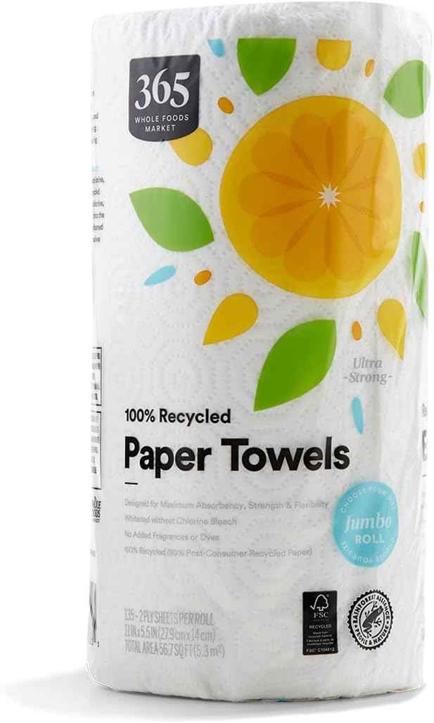 365 by Whole Foods Market, 100% Recycled Jumbo Paper Towels, Ultra-Strong, 135 Sheets per Roll, 1 Count