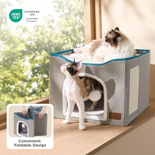 Bedsure Large Grey Cat Cave with Fluffy Ball and Scratch Pad, Foldable, Indoor Pet House for Cats, 16.5x16.5x13 inches