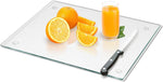 Tempered glass cutting board for kitchen use, 2 pieces, 12x16 and 12x8 inches, clear, heat resistant, non-slip feet