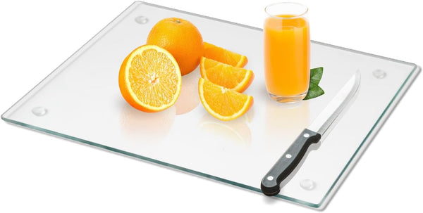 Tempered glass cutting board for kitchen use, 2 pieces, 12x16 and 12x8 inches, clear, heat resistant, non-slip feet