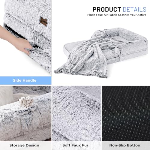 grey human dog bed for adults with egg foam supportive mat and faux fur