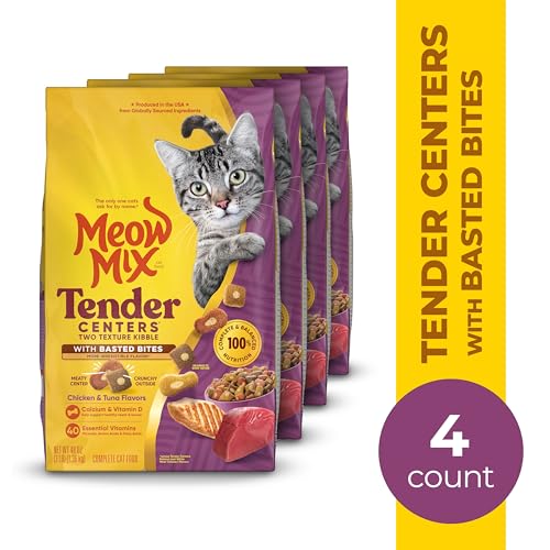 meow mix tender centers basted bites dry cat food, 3 pound, 4 pack, chicken & tuna flavor