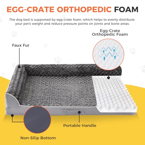 Grey XL Orthopedic Dog Bed with L-Shaped Bolster and Waterproof Cover for Large Dogs 42x30x7.5 inches