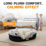 Fluffy orthopedic dog bed for large & extra large dogs with curved bolster support and egg-crate foam base, 43" gray oval pet donut bed with washable cover