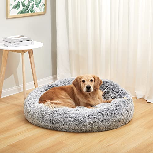 Bedfolks Calming Donut Dog Bed, 36 inches dark grey large for large dogs, anti-anxiety plush, machine washable