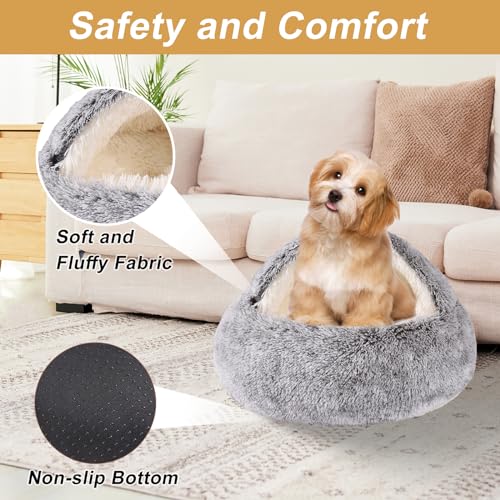 Grey, 20-inch Hooded Dog Bed for Small Dogs up to 22 lbs, Washable Pet Cave Bed with Anti-Slip Bottom