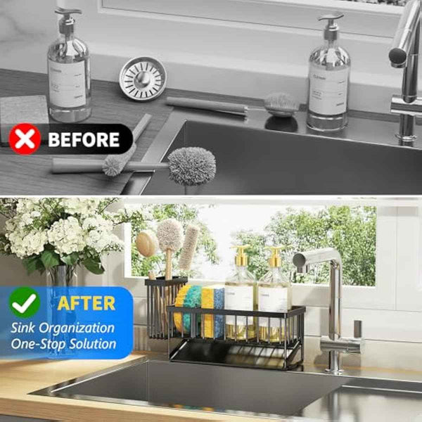 Cisily Sink Caddy Sponge Holder for Kitchen with Brush Holder and Stainless Steel Self Drain Tray, Rustproof Kitchen Sink Organizer for Sponge, Soap Dispenser Storage Accessories