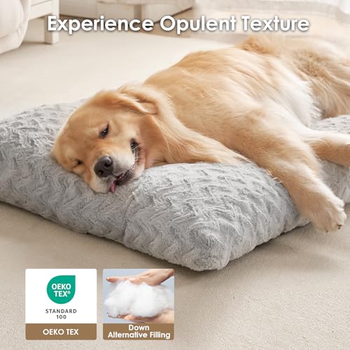 EHEYCIGA grey plush dog bed for crate, 35x23 inch, reversible kennel pad for dogs up to 45 lbs
