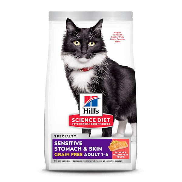 Hills science diet adult 1-6 sensitive stomach & skin dry cat food, grain free salmon, 13 lb bag