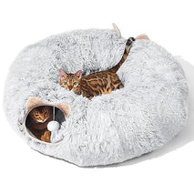 Grey cat tunnel with cat bed for indoor cats, multifunctional playground with hideplace for kittens, rabbits, ferrets