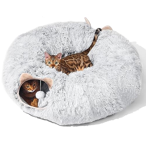 Grey cat tunnel with cat bed for indoor cats, multifunctional playground with hideplace for kittens, rabbits, ferrets