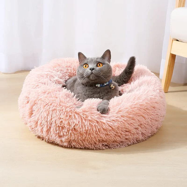 Pink cat bed for indoor cats, dog bed for small dogs, anti anxiety plush faux fur pet bed, 20/24 inches, medium size