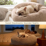 Bedsure calming medium size dog bed, 30 inches donut washable plush faux fur pet bed, fits up to 45 lbs pets, camel
