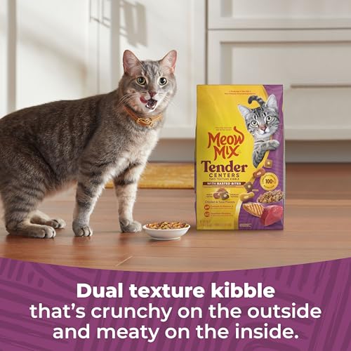 meow mix tender centers basted bites dry cat food, 3 pound, 4 pack, chicken & tuna flavor