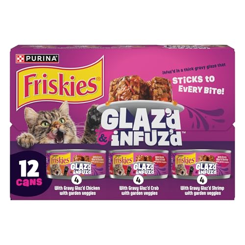 purina friskies glaz'd and infuz'd wet cat food variety pack with chicken, crab, or shrimp in gravy - 5.5 oz, pack of 12