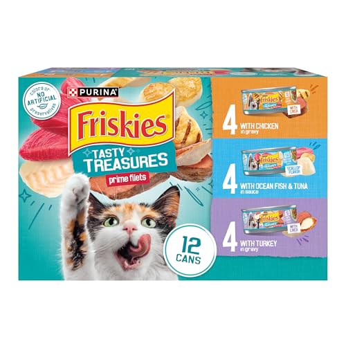 Purina Friskies Wet Cat Food Variety Pack, Tasty Treasures  Filets (With Ocean Fish and Tuna, With Chicken and With Turkey) - 5.5 Ounce (Pack of 12)
