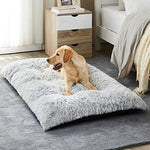 BFPETHOME grey plush dog crate bed for large dogs, fluffy cozy kennel pad with anti-slip bottom, washable pet mat